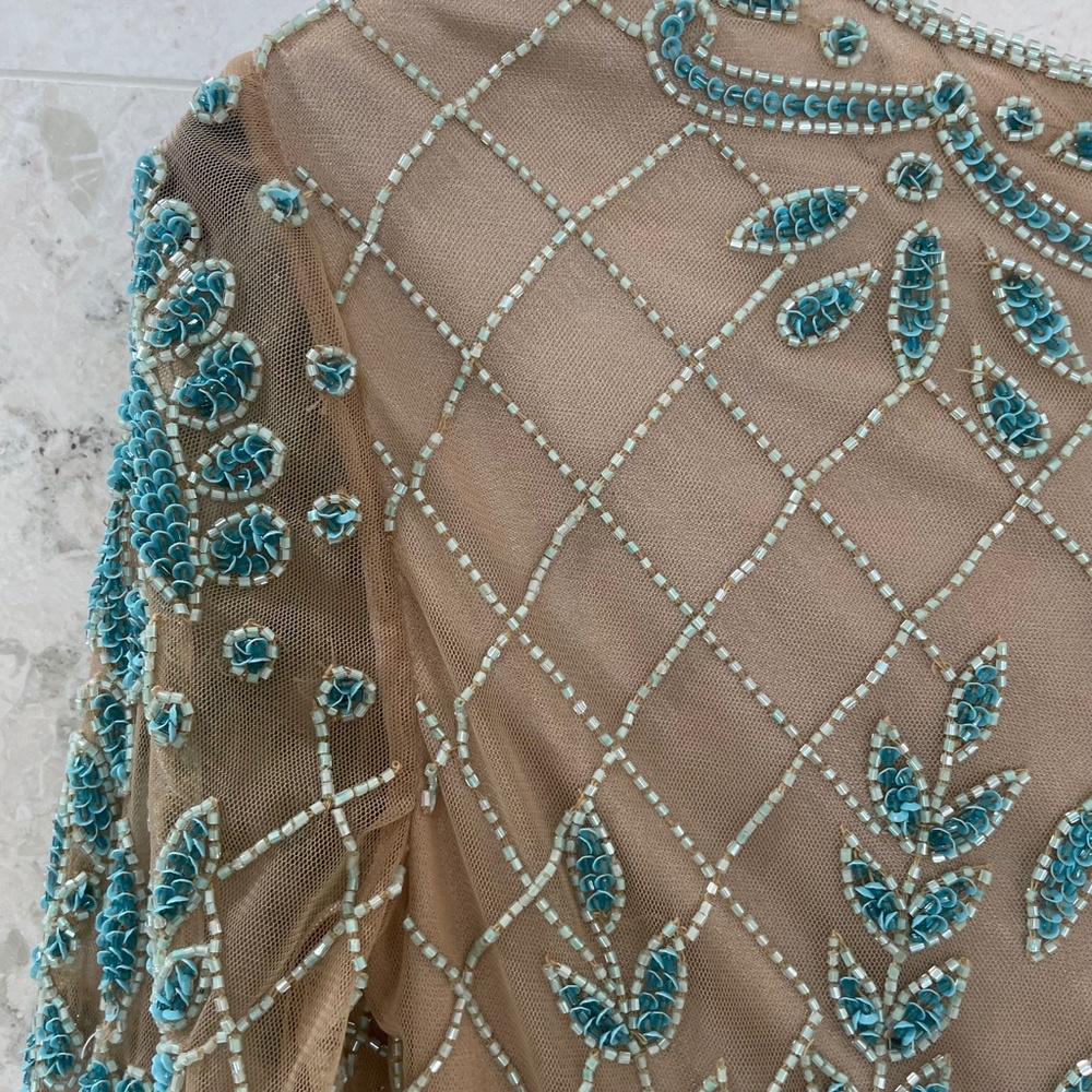 LARA {6} Dress Nude Teal Beaded Cocktail Dress Long-Sleeved - Picture 10 of 16